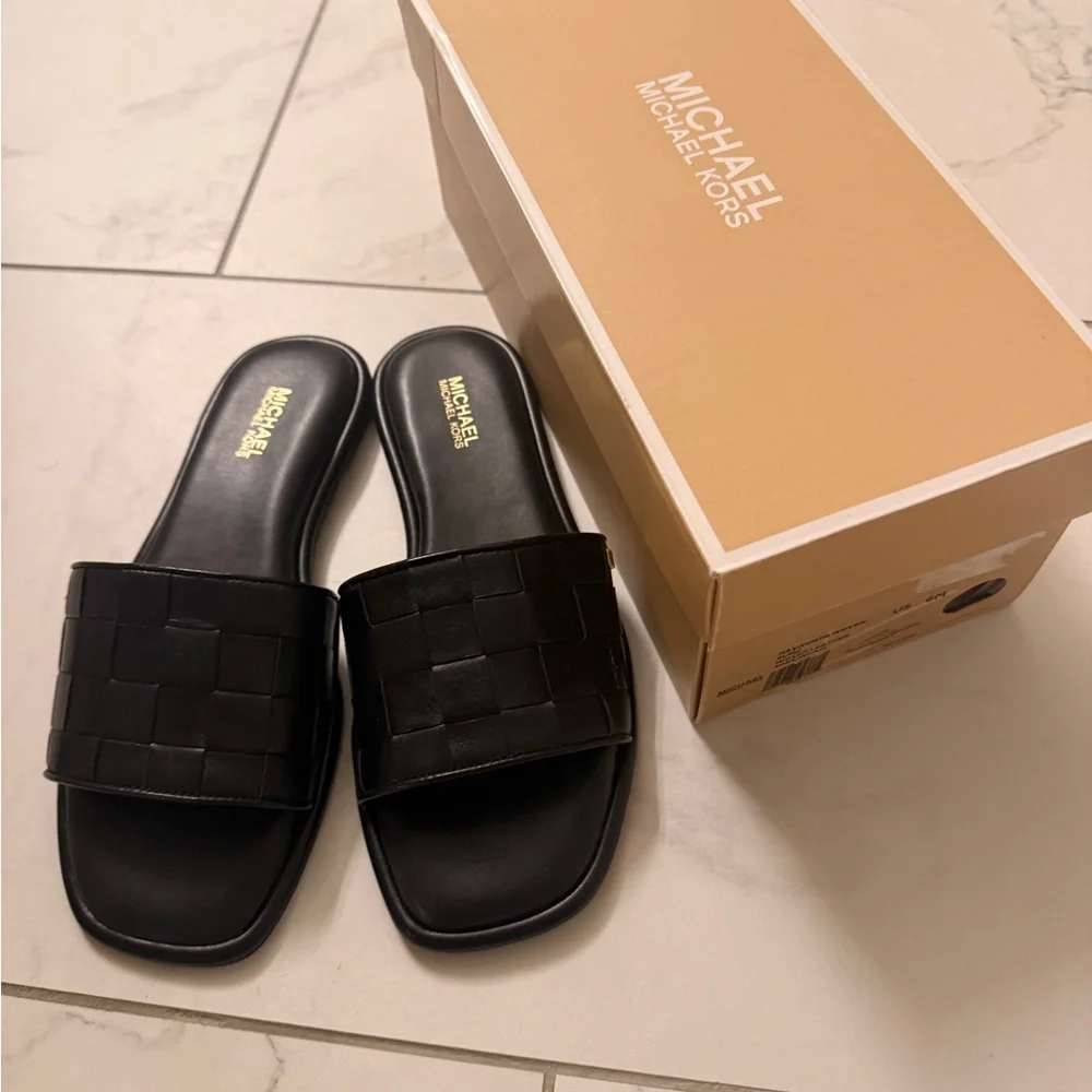 Michael Kors Black Woven Slide Sandals - Picture 1 of 7